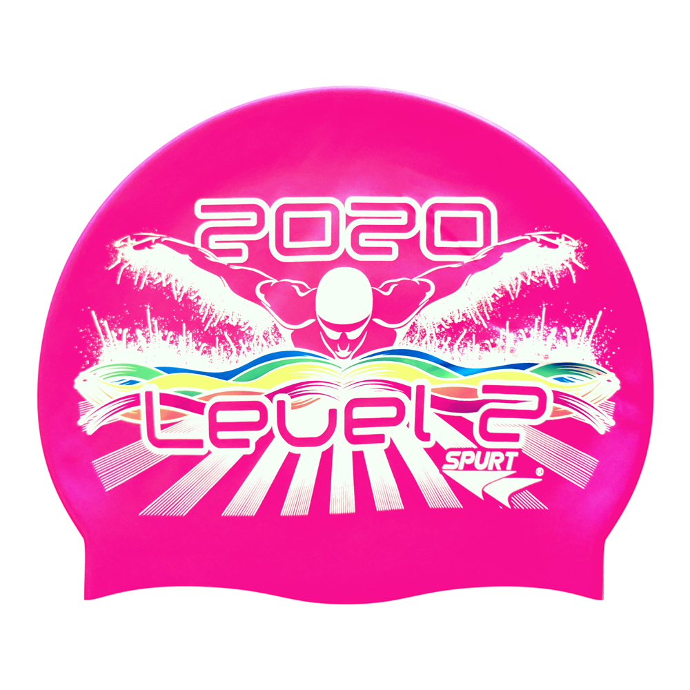 Level 2 2020 Butterfly Swimmer in Splashes and Swirls on SC16 Neon Pink Spurt Silicone Swim Cap