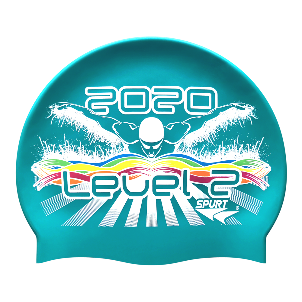 Level 2 2020 Butterfly Swimmer in Splashes and Swirls on SD24 Turquoise Green Spurt Silicone Swim Cap