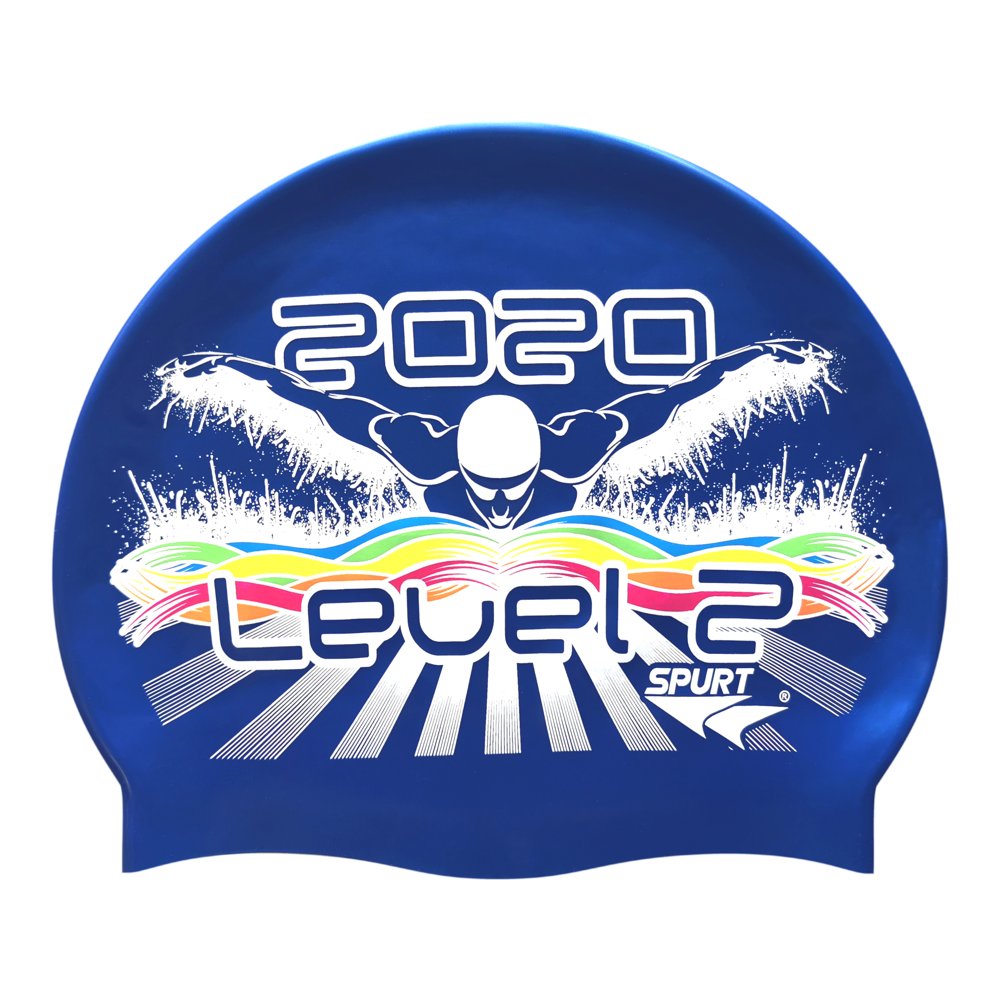 Level 2 2020 Butterfly Swimmer in Splashes and Swirls on SE25 Dark Blue Spurt Silicone Swim Cap