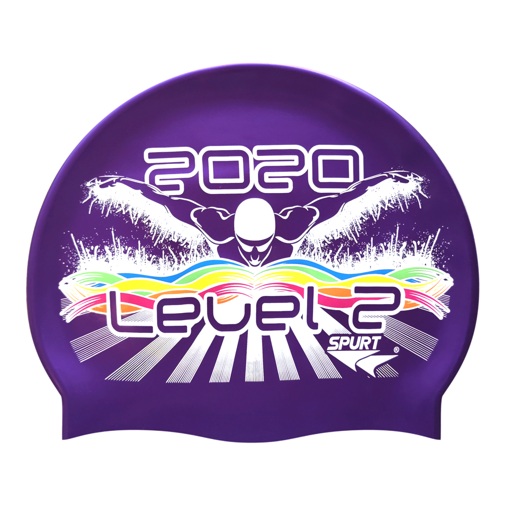 Level 2 2020 Butterfly Swimmer in Splashes and Swirls on SH73 Royal Purple Spurt Silicone Swim Cap