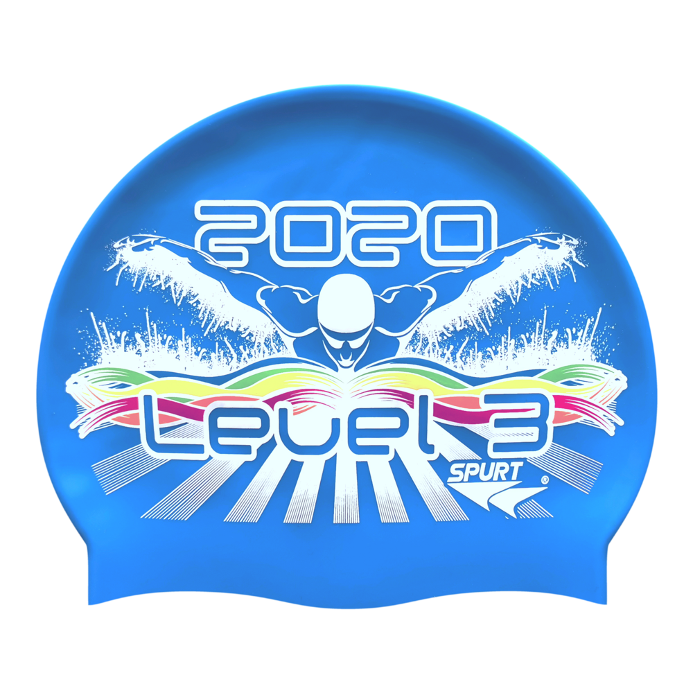 Level 3 2020 Butterfly Swimmer in Splashes and Swirls on F218 Sky Blue Spurt Silicone Swim Cap