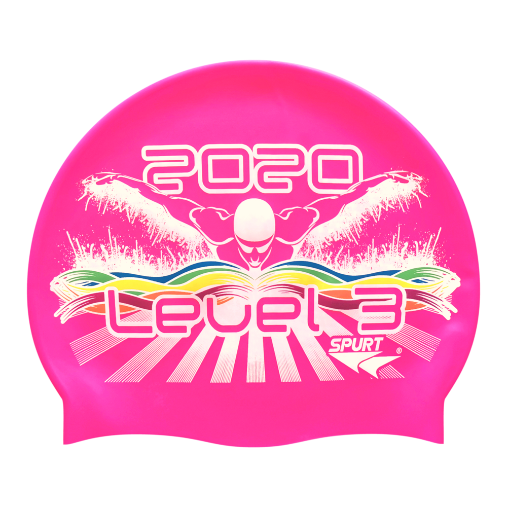 Level 3 2020 Butterfly Swimmer in Splashes and Swirls on SC16 Neon Pink Spurt Silicone Swim Cap