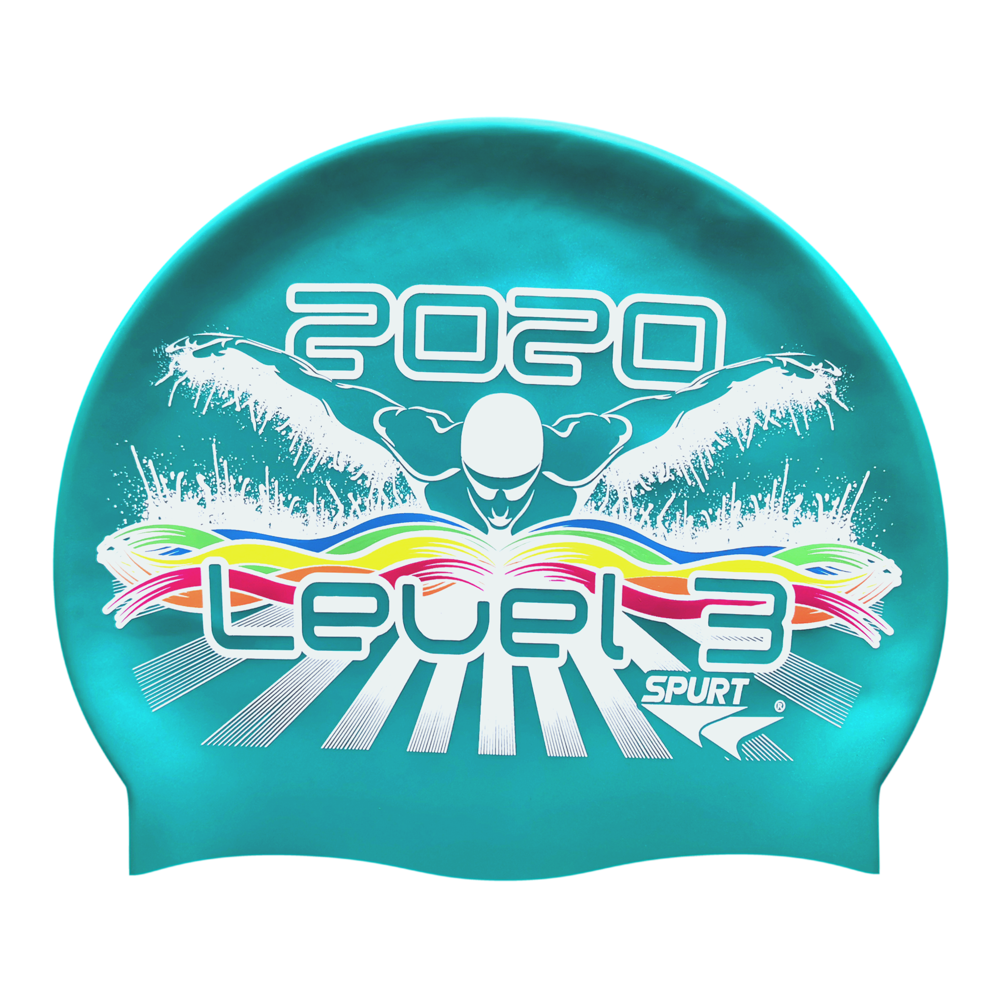 Level 3 2020 Butterfly Swimmer in Splashes and Swirls on SD24 Turquoise Green Spurt Silicone Swim Cap