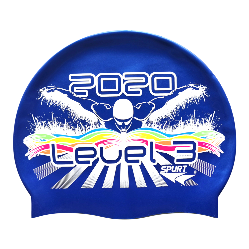 Level 3 2020 Butterfly Swimmer in Splashes and Swirls on SE25 Dark Blue Spurt Silicone Swim Cap