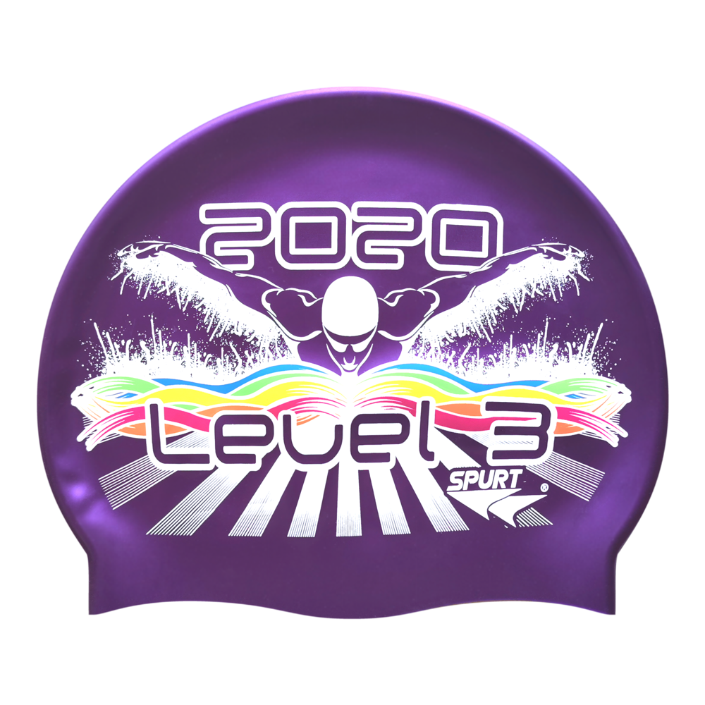 Level 3 2020 Butterfly Swimmer in Splashes and Swirls on SH73 Royal Purple Spurt Silicone Swim Cap