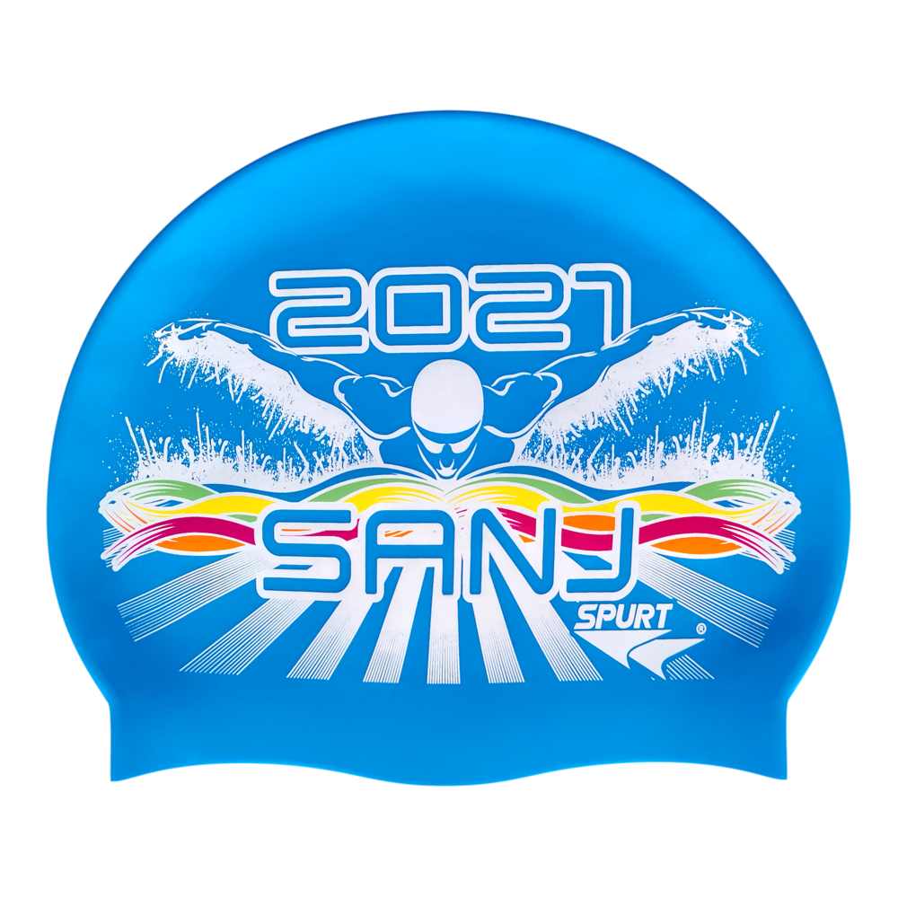 SANJ 2021 Butterfly Swimmer in Splashes and Swirls on F218 Sky Blue Spurt Silicone Swim Cap