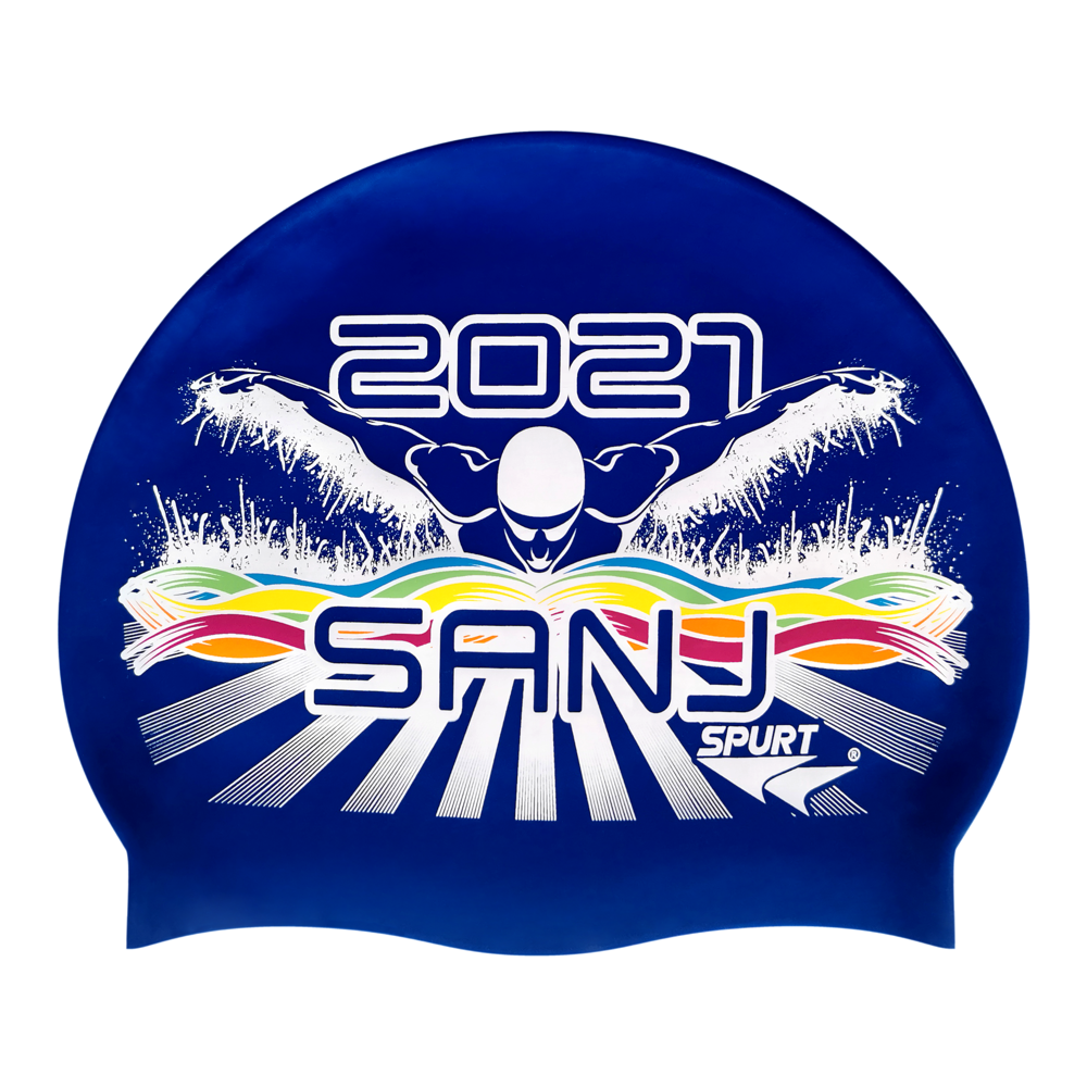 SANJ 2021 Butterfly Swimmer in Splashes and Swirls on SE25 Dark Blue Spurt Silicone Swim Cap