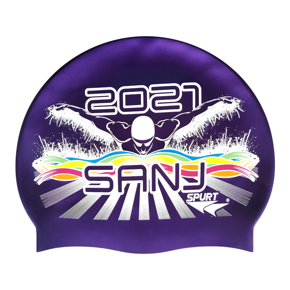 SANJ 2021 Butterfly Swimmer in Splashes and Swirls on SH73 Royal Purple Spurt Silicone Swim Cap