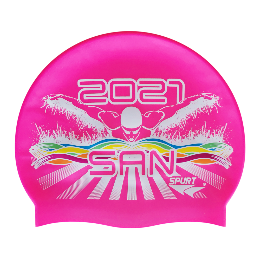 SAN 2021 Butterfly Swimmer in Splashes and Swirls on SC16 Neon Pink Spurt Silicone Swim Cap