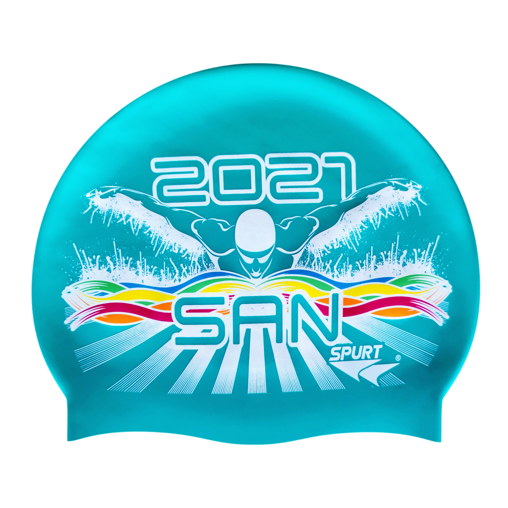 SAN 2021 Butterfly Swimmer in Splashes and Swirls on SD24 Turquoise Green Spurt Silicone Swim Cap