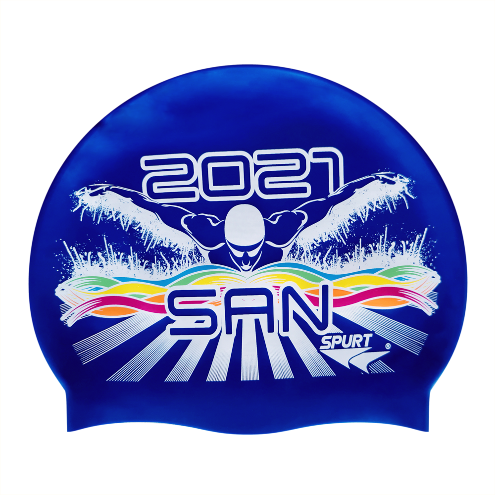 SAN 2021 Butterfly Swimmer in Splashes and Swirls on SE25 Dark Blue Spurt Silicone Swim Cap