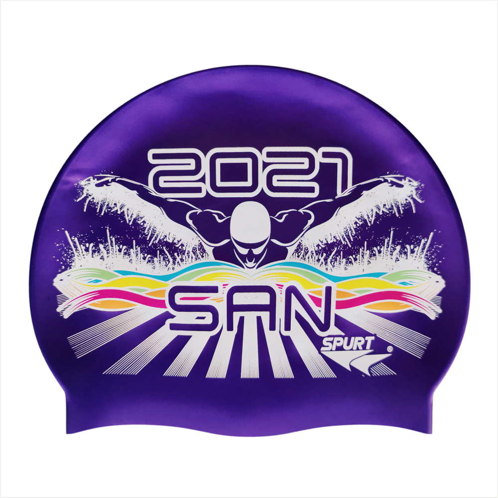 SAN 2021 Butterfly Swimmer in Splashes and Swirls on SH73 Royal Purple Spurt Silicone Swim Cap