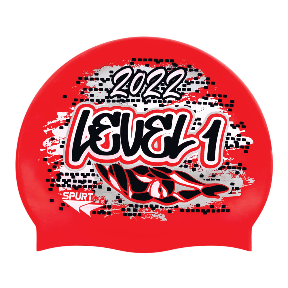 Level 1 2022 Graffiti and Diving Swimmer over Brushstrokes and Grunge with Black on F214 Neon Coral Spurt Silicone Swim Cap