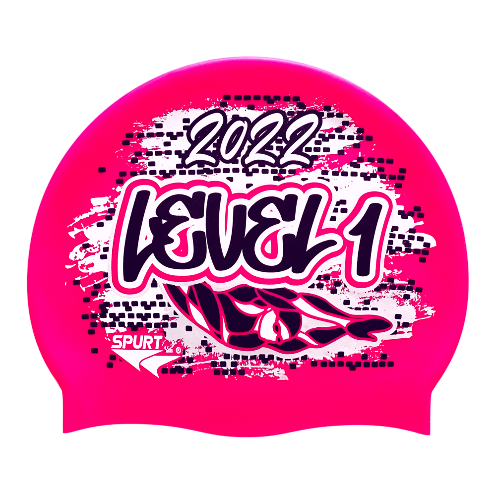 Level 1 2022 Graffiti and Diving Swimmer over Brushstrokes and Grunge with Black on F215 Bright Pink Spurt Silicone Swim Cap