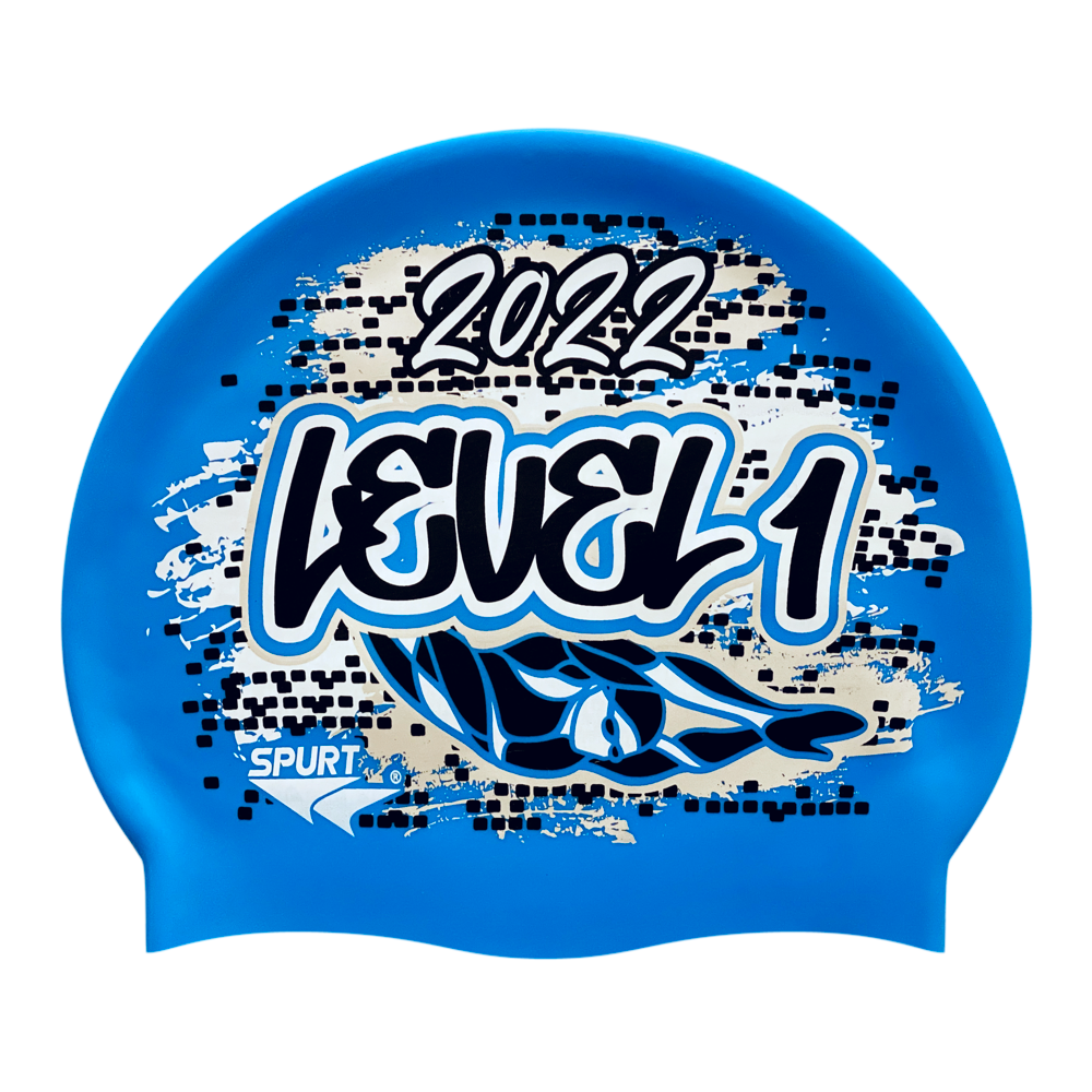 Level 1 2022 Graffiti and Diving Swimmer over Brushstrokes and Grunge with Black on F218 Sky Blue Spurt Silicone Swim Cap