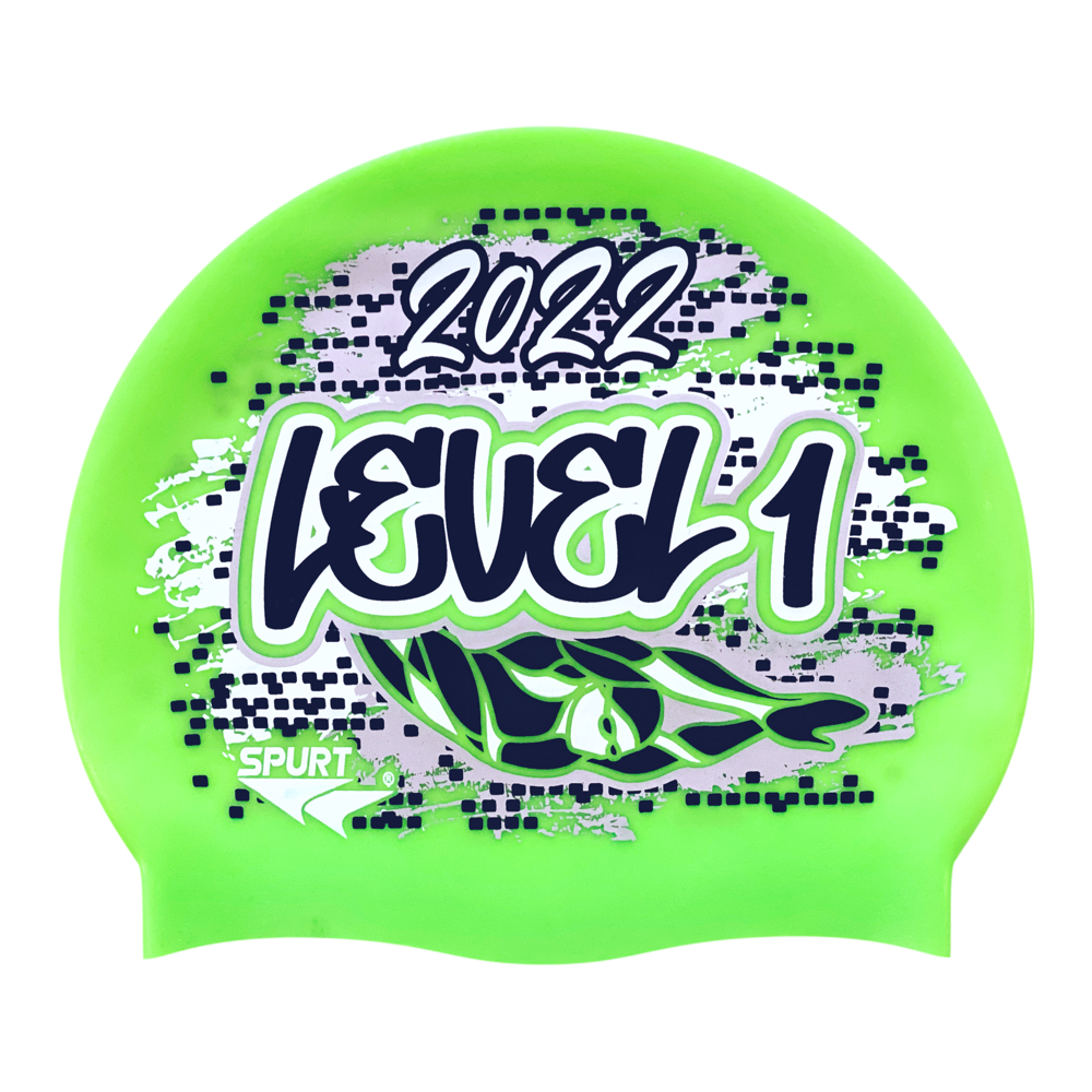 Level 1 2022 Graffiti and Diving Swimmer over Brushstrokes and Grunge with Black on F233 Neon Green Spurt Silicone Swim Cap