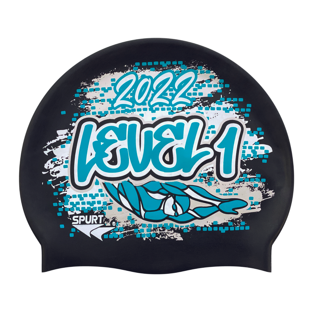 Level 1 2022 Graffiti and Diving Swimmer over Brushstrokes and Grunge with Aqua on SB14 Metallic Black Spurt Silicone Swim Cap