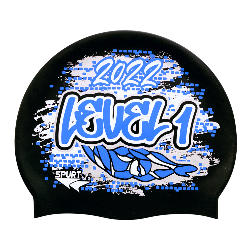 Level 1 2022 Graffiti and Diving Swimmer over Brushstrokes and Grunge with Blue on SB14 Metallic Black Spurt Silicone Swim Cap