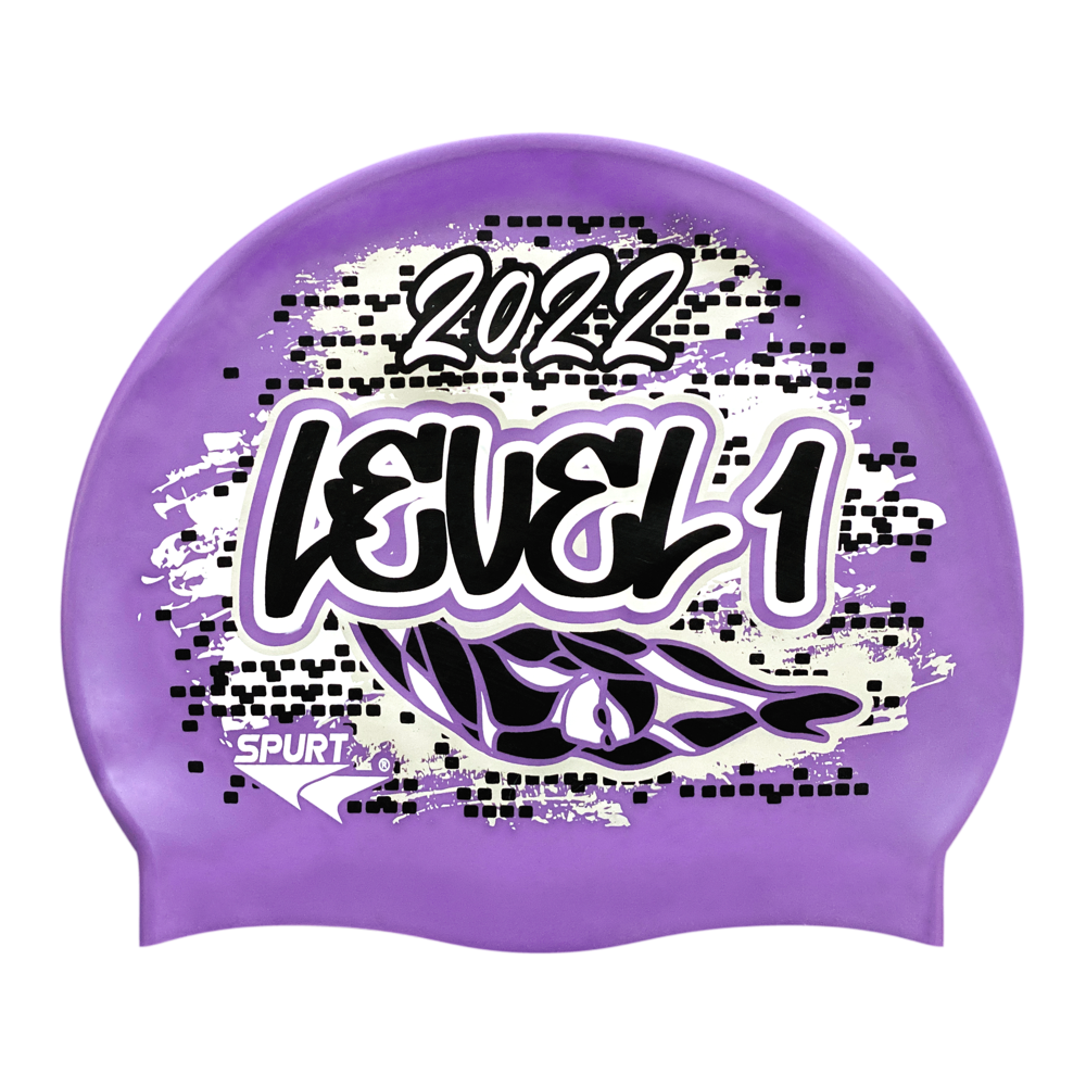 Level 1 2022 Graffiti and Diving Swimmer over Brushstrokes and Grunge with Black on SB18 Violet Spurt Silicone Swim Cap