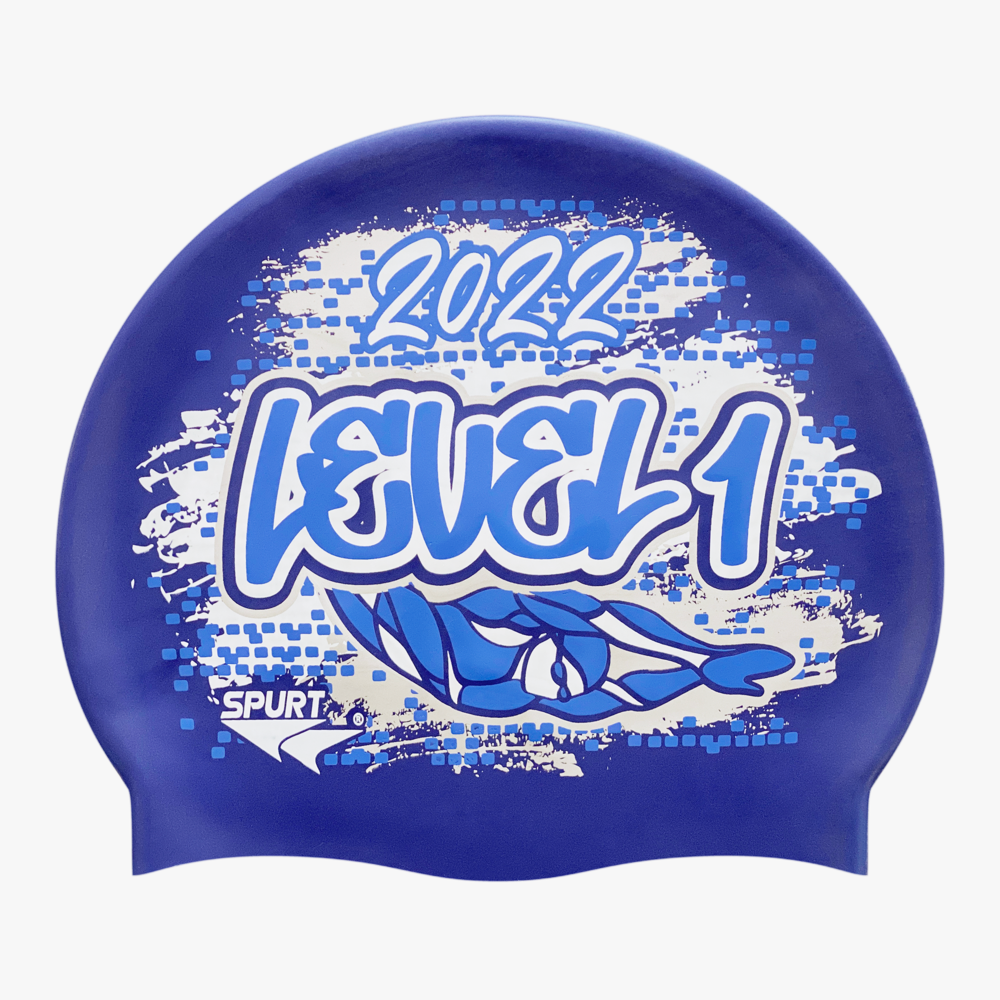 Level 1 2022 Graffiti and Diving Swimmer over Brushstrokes and Grunge with Blue on SD16 Metallic Navy Spurt Silicone Swim Cap