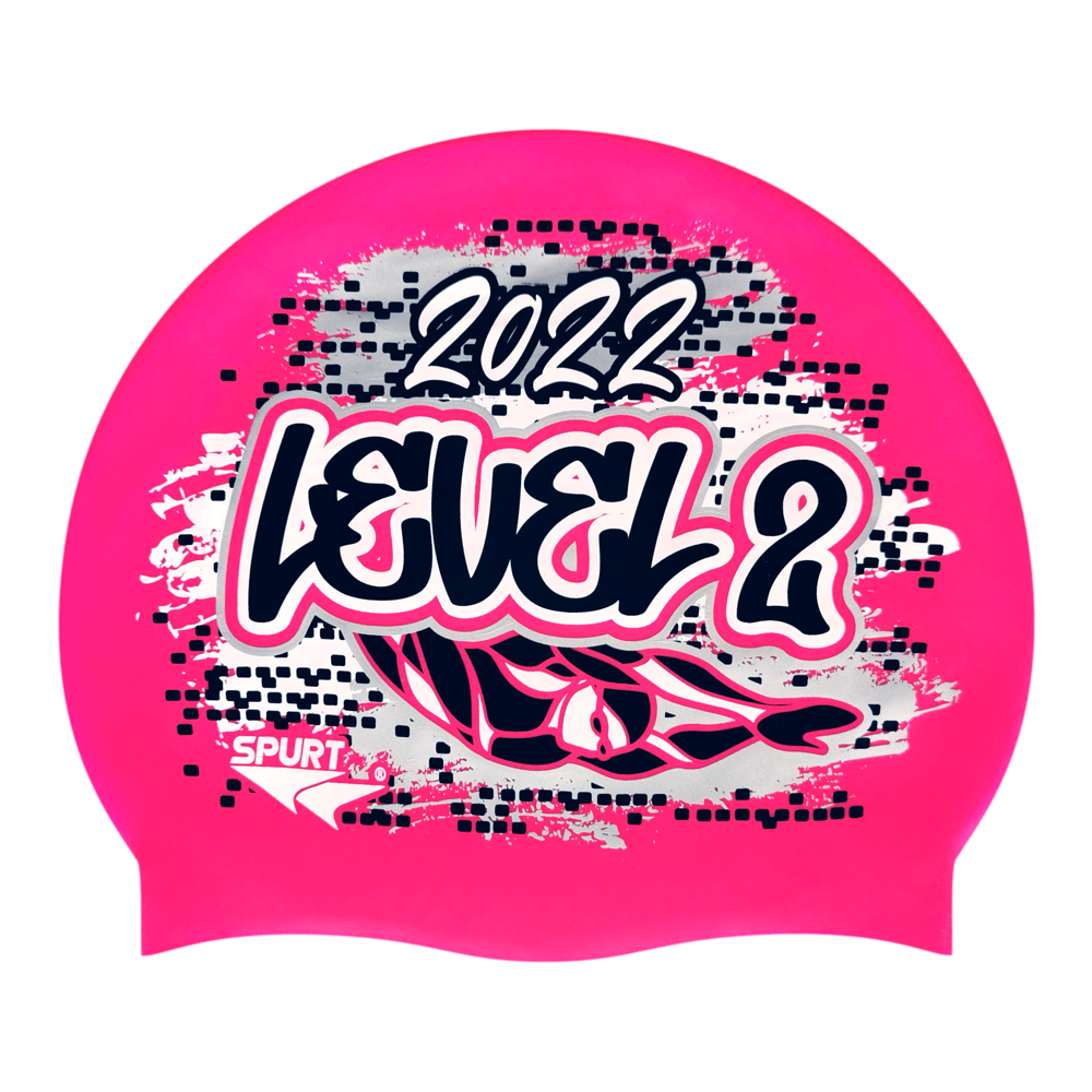 Level 2 2022 Graffiti and Diving Swimmer over Brushstrokes and Grunge with Black on F215 Bright Pink Spurt Silicone Swim Cap