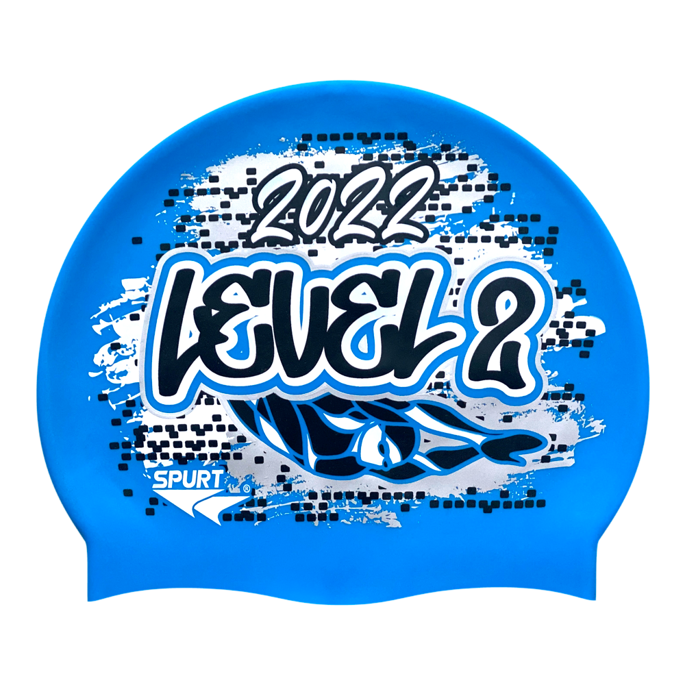 Level 2 2022 Graffiti and Diving Swimmer over Brushstrokes and Grunge with Black on F218 Sky Blue Spurt Silicone Swim Cap