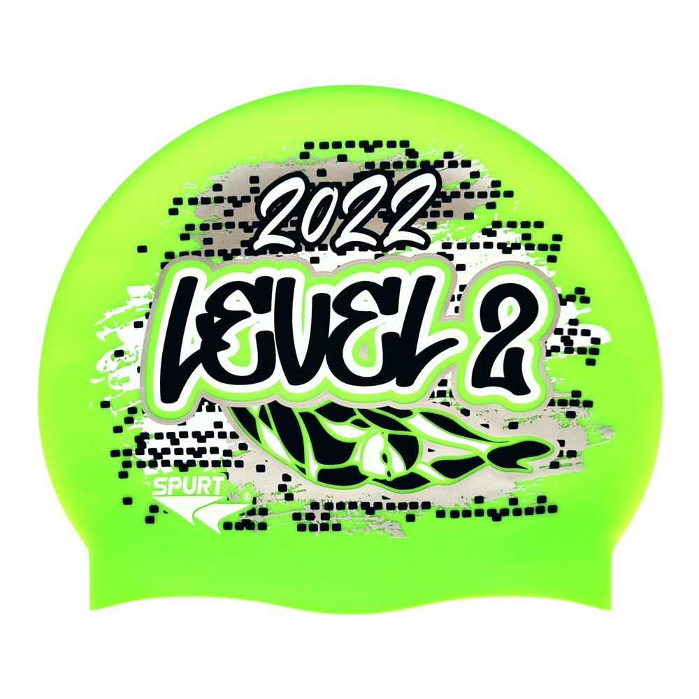 Level 2 2022 Graffiti and Diving Swimmer over Brushstrokes and Grunge with Black on F233 Neon Green Spurt Silicone Swim Cap