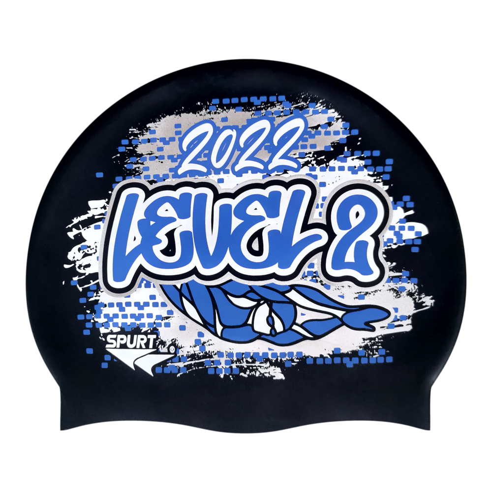 Level 2 2022 Graffiti and Diving Swimmer over Brushstrokes and Grunge with Blue on SB14 Metallic Black Spurt Silicone Swim Cap