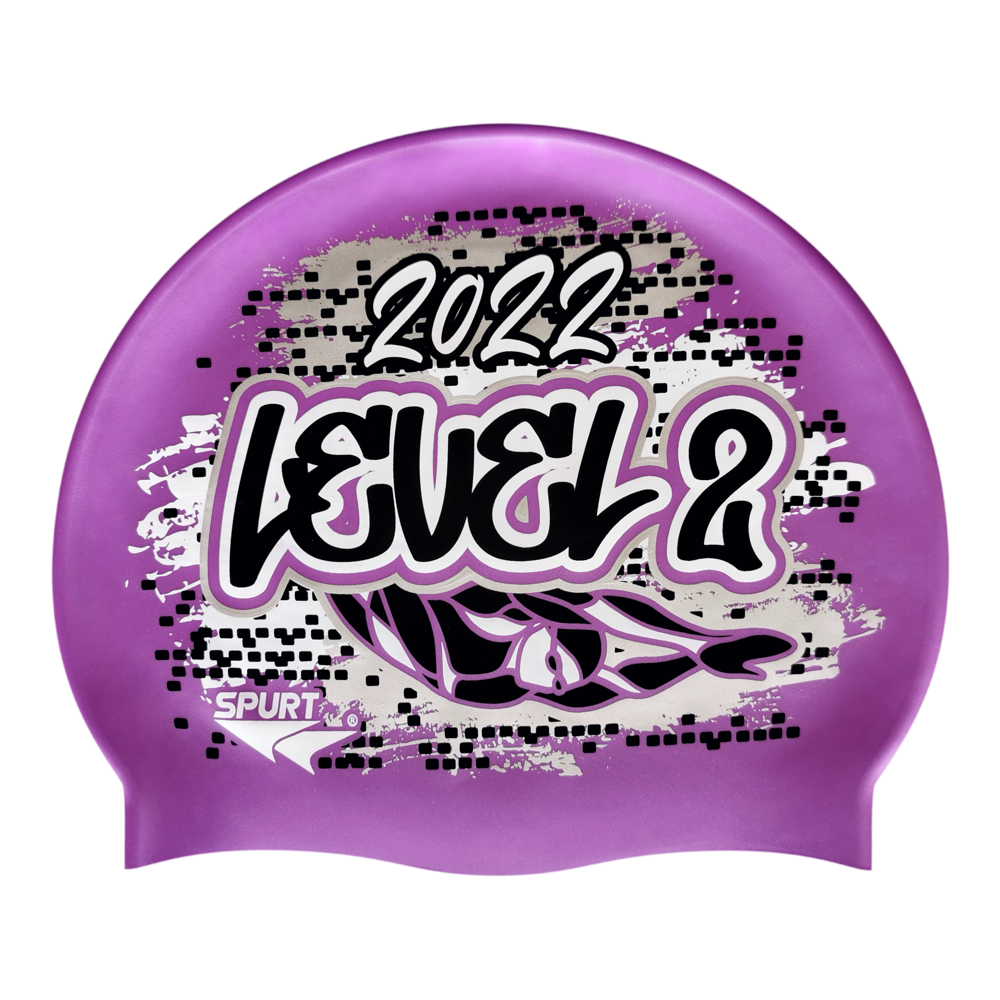 Level 2 2022 Graffiti and Diving Swimmer over Brushstrokes and Grunge with Black on SB18 Violet Spurt Silicone Swim Cap