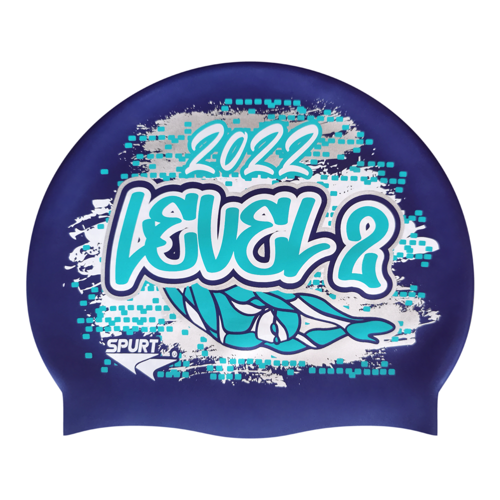 Level 2 2022 Graffiti and Diving Swimmer over Brushstrokes and Grunge with Aqua on SD16 Metallic Navy Spurt Silicone Swim Cap