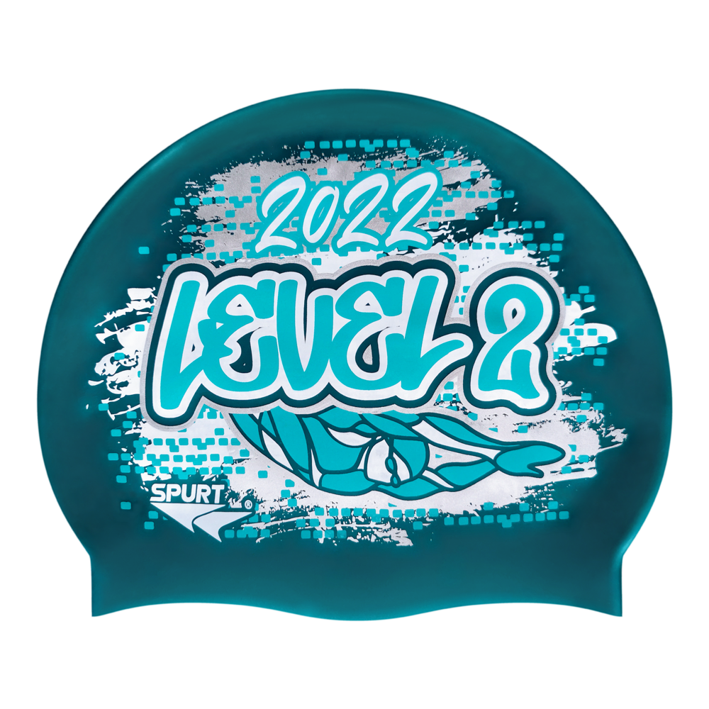 Level 2 2022 Graffiti and Diving Swimmer over Brushstrokes and Grunge with Aqua on SH82 Teal Spurt Silicone Swim Cap