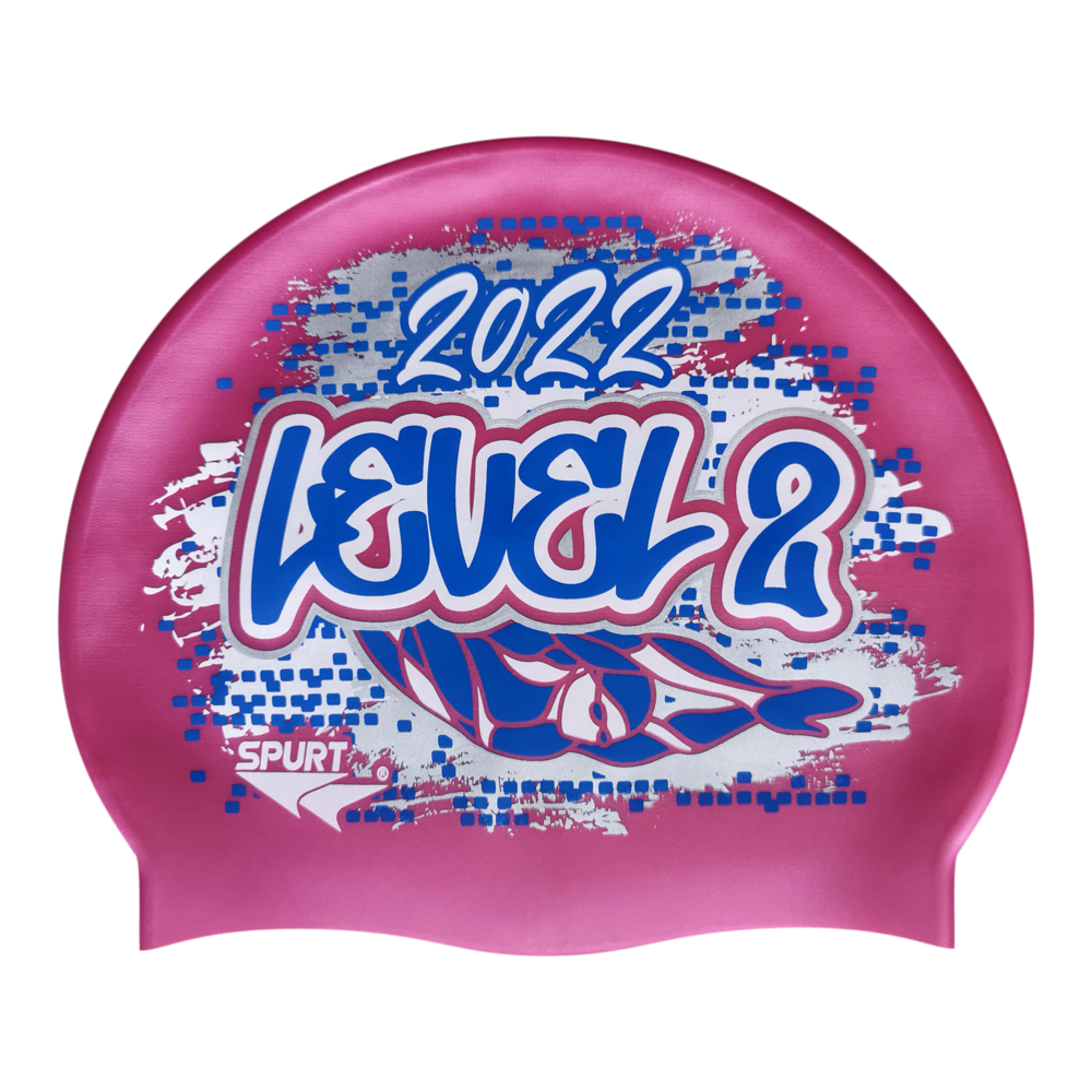 Level 2 2022 Graffiti and Diving Swimmer over Brushstrokes and Grunge with Blue on SH87 Dark Pink Spurt Silicone Swim Cap