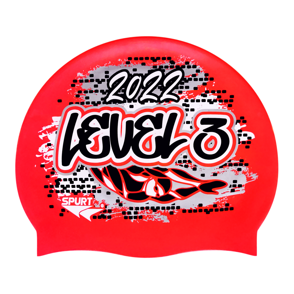 Level 3 2022 Graffiti and Diving Swimmer over Brushstrokes and Grunge with Black on F214 Neon Coral Spurt Silicone Swim Cap