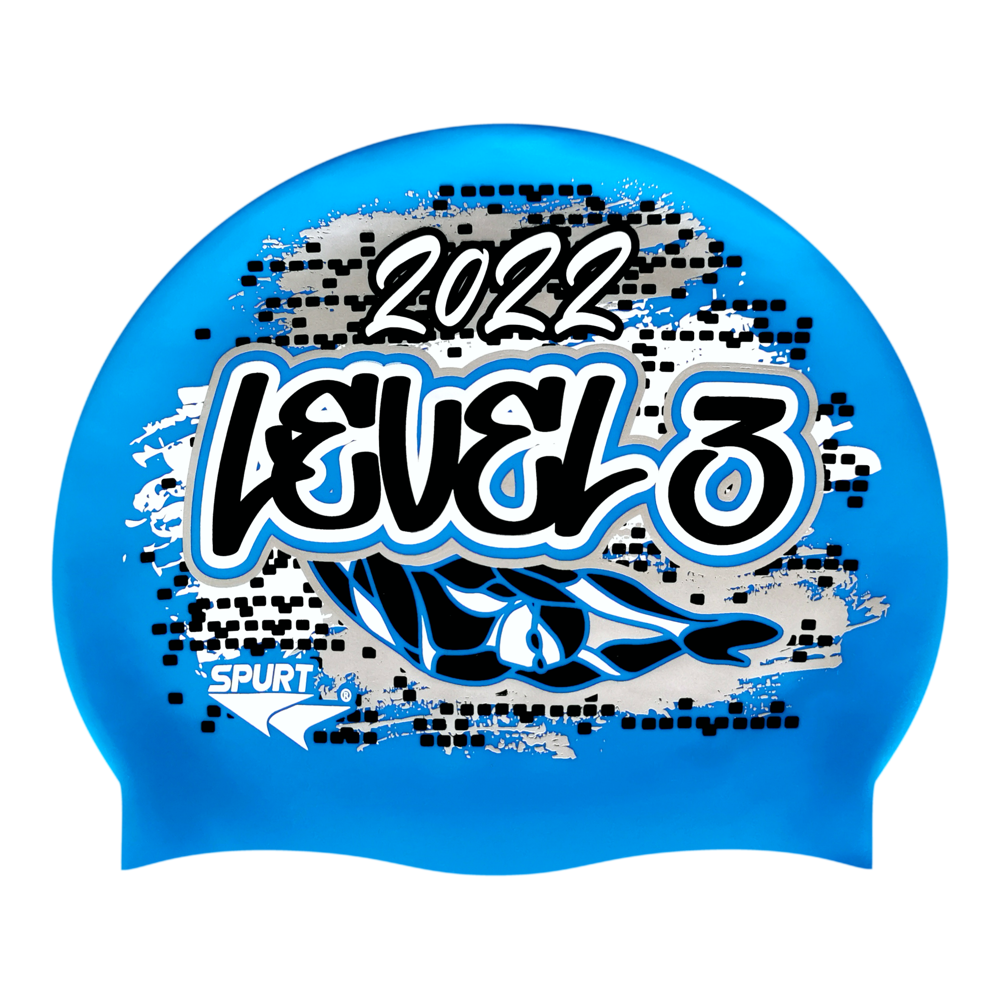 Level 3 2022 Graffiti and Diving Swimmer over Brushstrokes and Grunge with Black on F218 Sky Blue Spurt Silicone Swim Cap