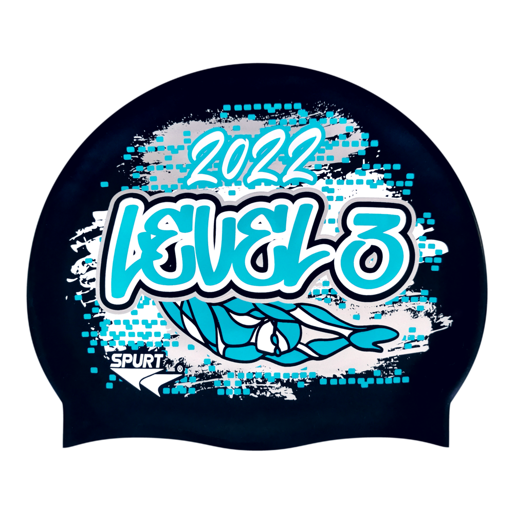 Level 3 2022 Graffiti and Diving Swimmer over Brushstrokes and Grunge with Aqua on SB14 Metallic Black Spurt Silicone Swim Cap