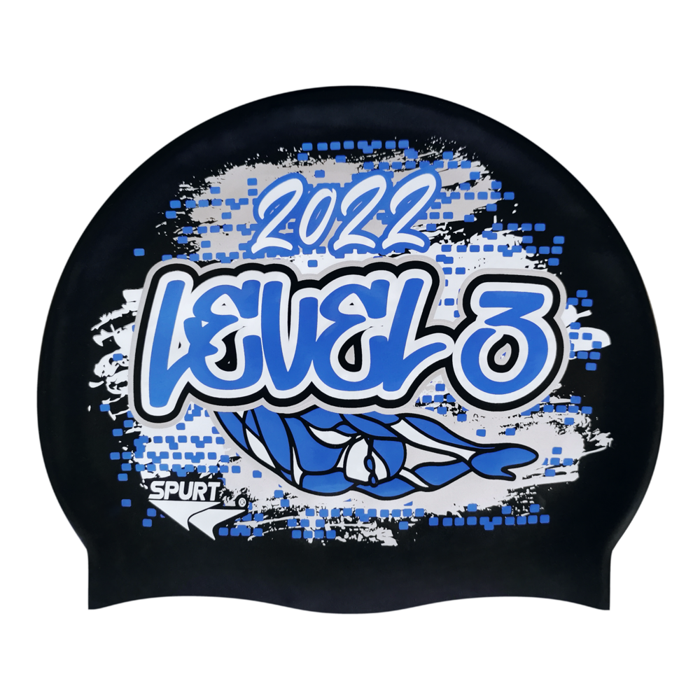 Level 3 2022 Graffiti and Diving Swimmer over Brushstrokes and Grunge with Blue on SB14 Metallic Black Spurt Silicone Swim Cap