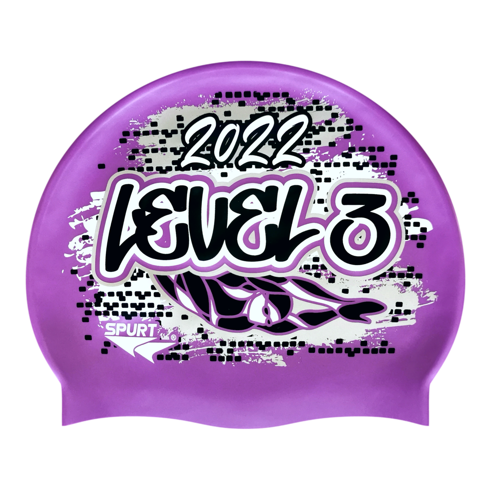 Level 3 2022 Graffiti and Diving Swimmer over Brushstrokes and Grunge with Black on SB18 Violet Spurt Silicone Swim Cap