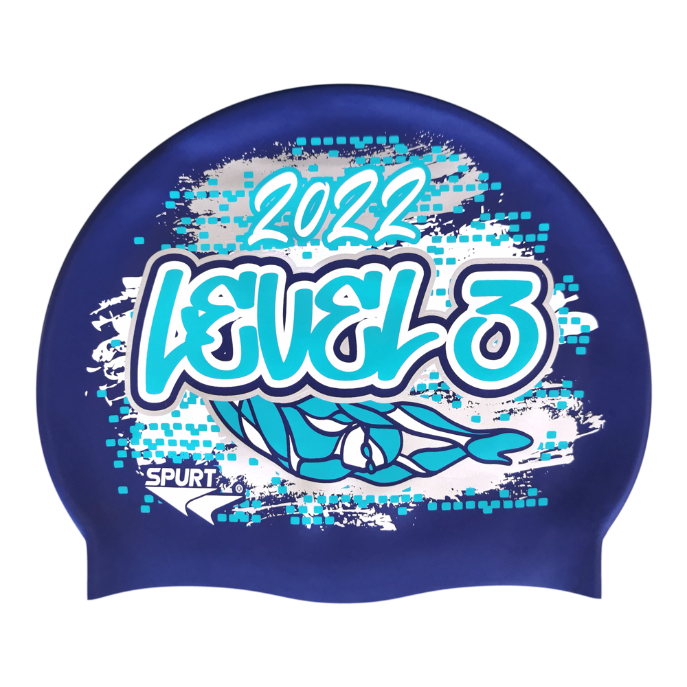 Level 3 2022 Graffiti and Diving Swimmer over Brushstrokes and Grunge with Aqua on SD16 Metallic Navy Spurt Silicone Swim Cap