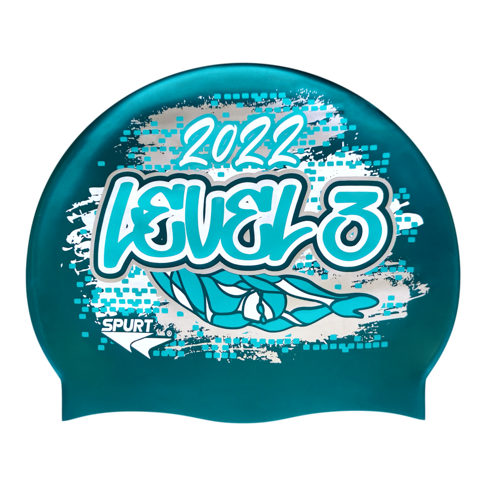 Level 3 2022 Graffiti and Diving Swimmer over Brushstrokes and Grunge with Aqua on SH82 Teal Spurt Silicone Swim Cap