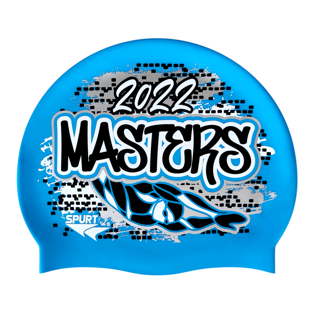 Masters 2022 Graffiti and Diving Swimmer over Brushstrokes and Grunge with Black on F218 Sky Blue Spurt Silicone Swim Cap