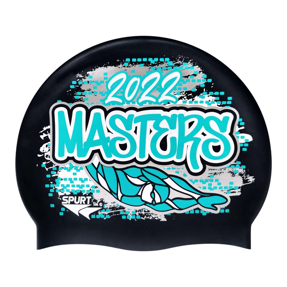 Masters 2022 Graffiti and Diving Swimmer over Brushstrokes and Grunge with Aqua on SB14 Metallic Black Spurt Silicone Swim Cap