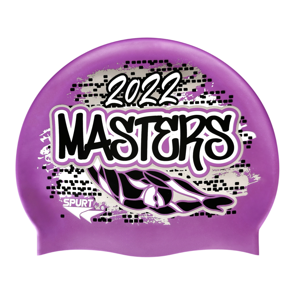 Masters 2022 Graffiti and Diving Swimmer over Brushstrokes and Grunge with Black on SB18 Violet Spurt Silicone Swim Cap