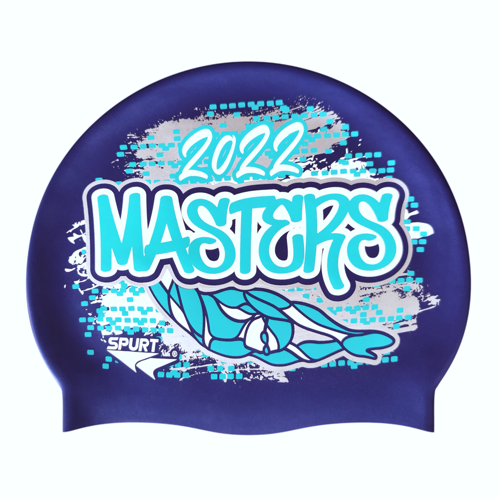 Masters 2022 Graffiti and Diving Swimmer over Brushstrokes and Grunge with Aqua on SD16 Metallic Navy Spurt Silicone Swim Cap
