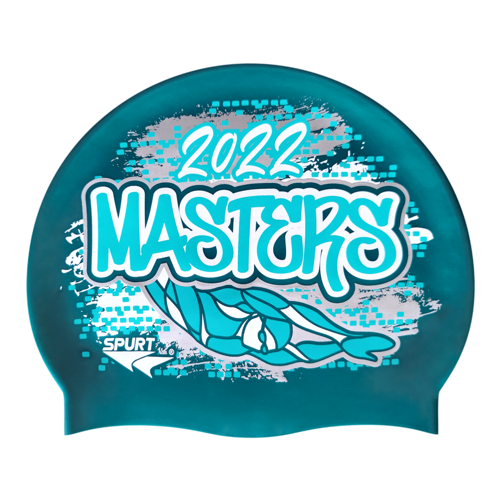 Masters 2022 Graffiti and Diving Swimmer over Brushstrokes and Grunge with Aqua on SH82 Teal Spurt Silicone Swim Cap