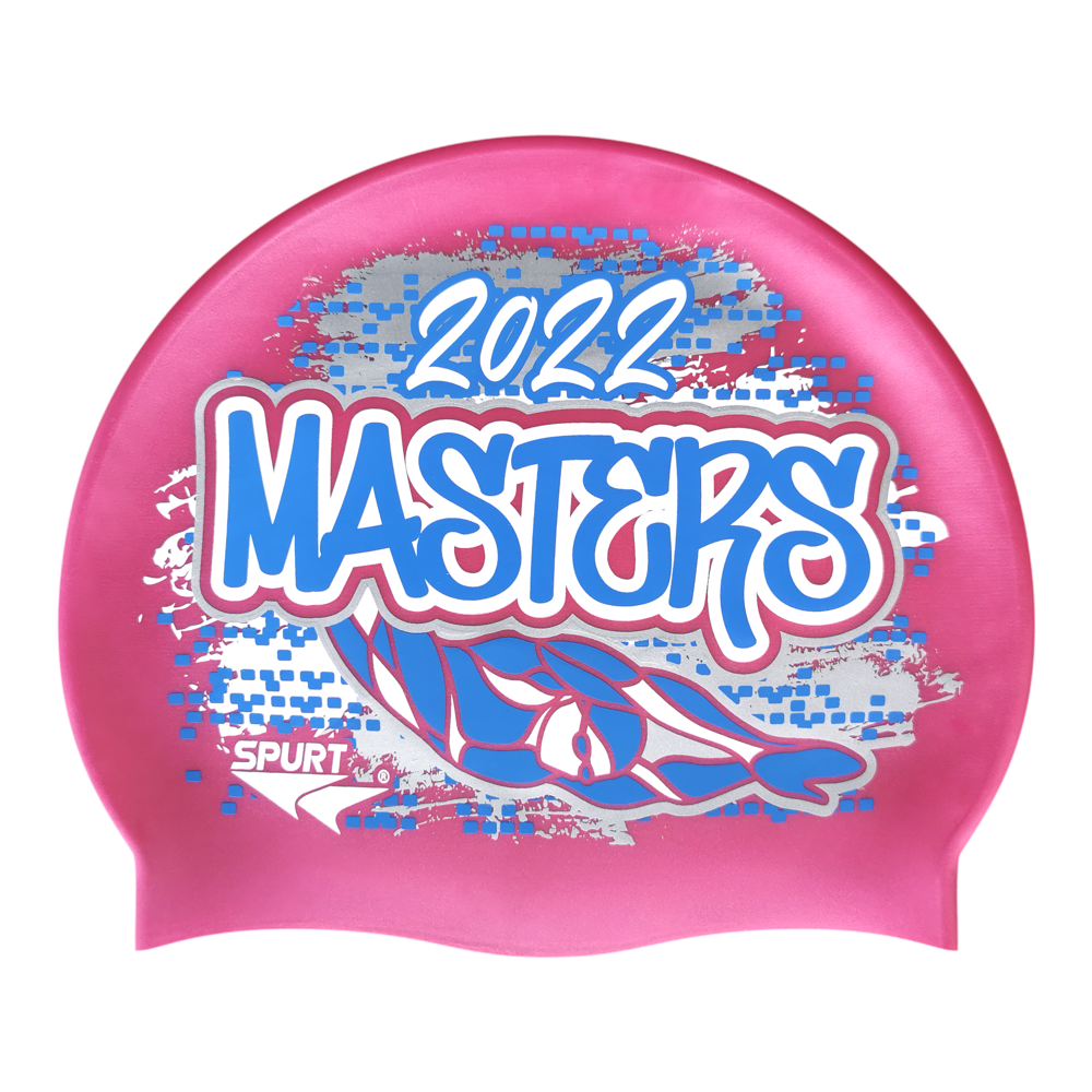 Masters 2022 Graffiti and Diving Swimmer over Brushstrokes and Grunge with Blue on SH87 Dark Pink Spurt Silicone Swim Cap