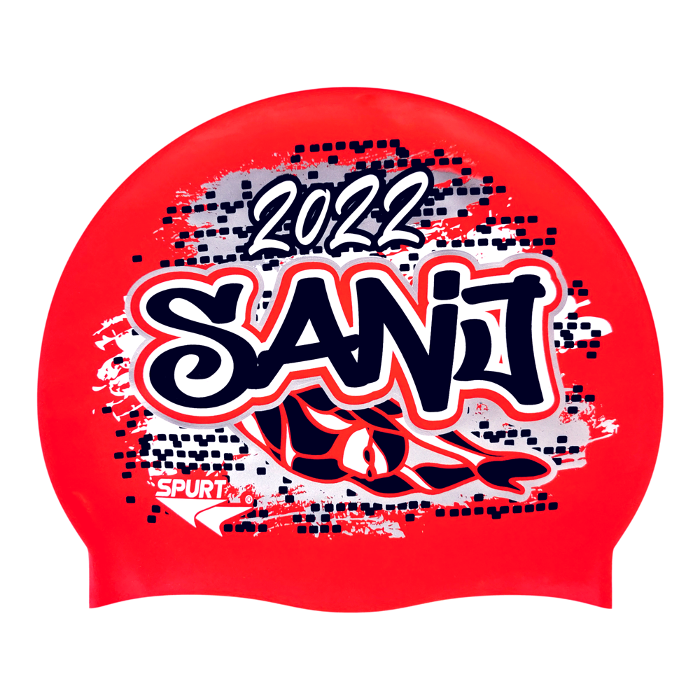 SANJ 2022 Graffiti and Diving Swimmer over Brushstrokes and Grunge with Black on F214 Neon Coral Spurt Silicone Swim Cap