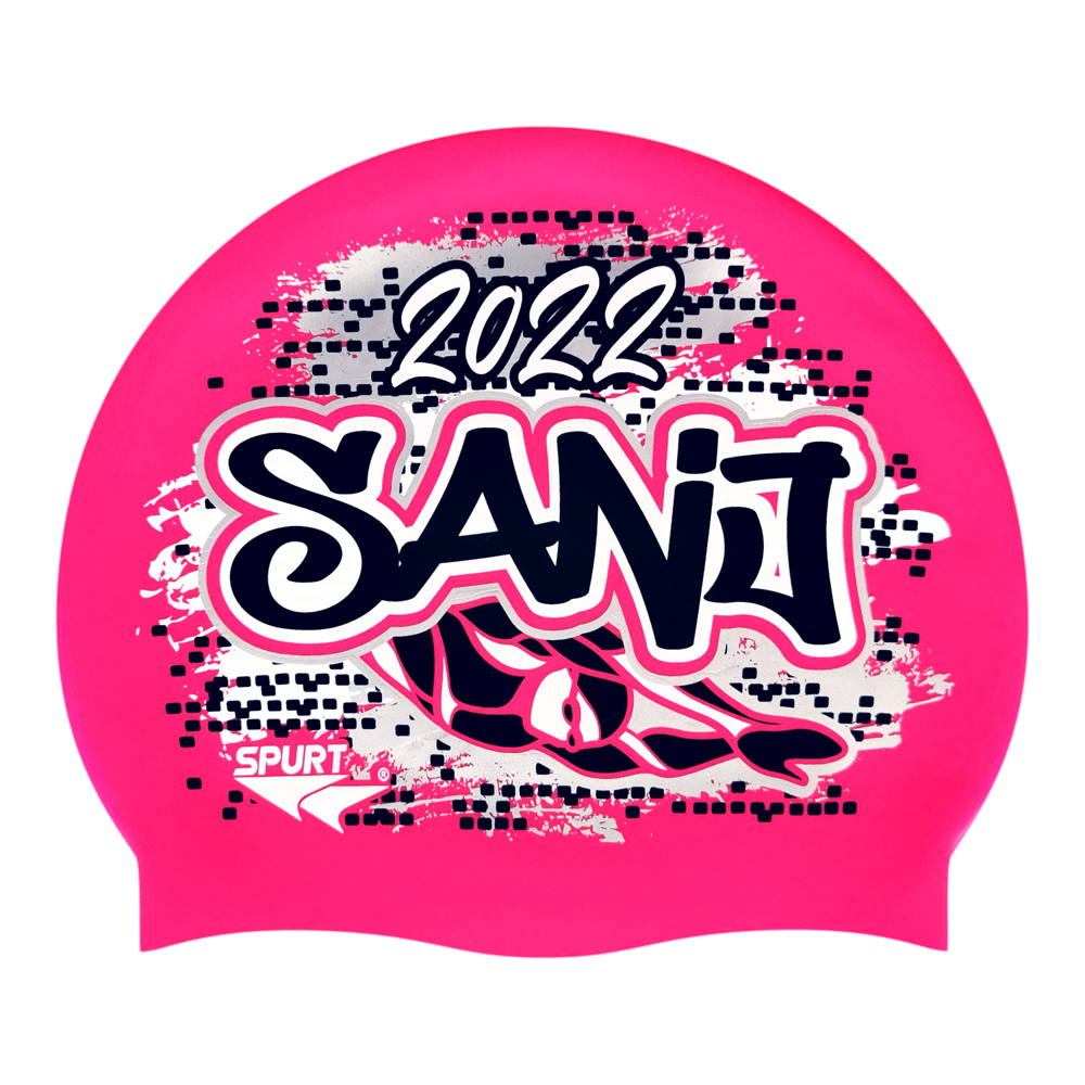 SANJ 2022 Graffiti and Diving Swimmer over Brushstrokes and Grunge with Black on F215 Bright Pink Spurt Silicone Swim Cap