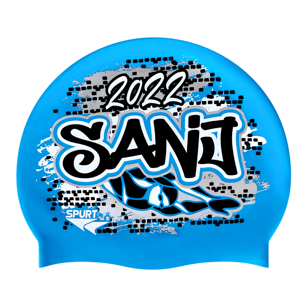 SANJ 2022 Graffiti and Diving Swimmer over Brushstrokes and Grunge with Black on F218 Sky Blue Spurt Silicone Swim Cap