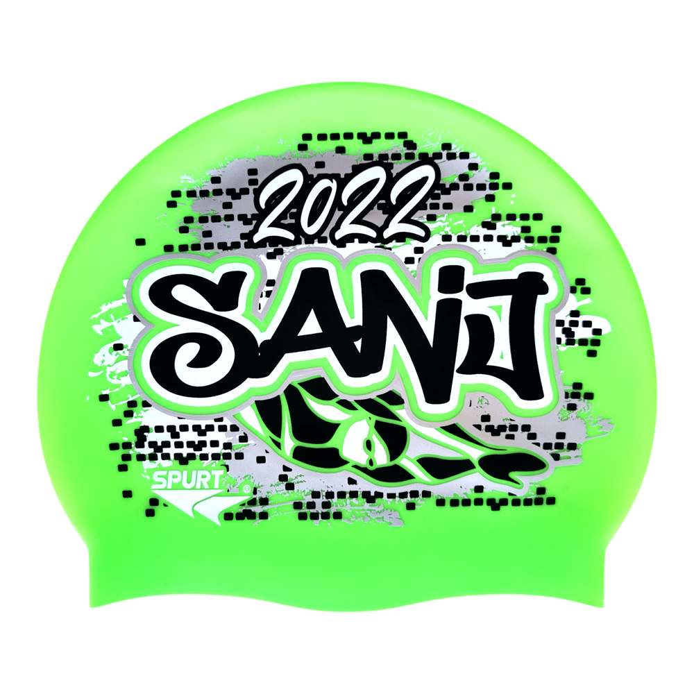 SANJ 2022 Graffiti and Diving Swimmer over Brushstrokes and Grunge with Black on F233 Neon Green Spurt Silicone Swim Cap