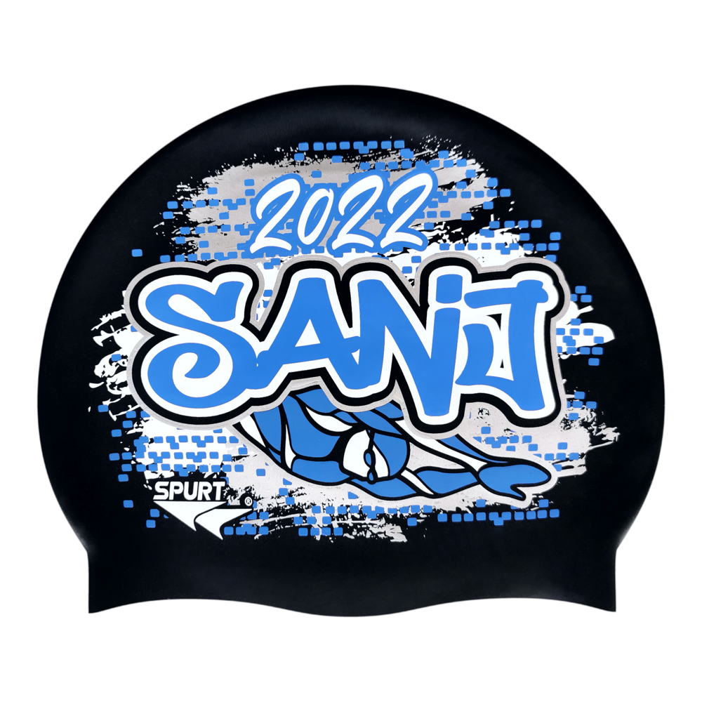 SANJ 2022 Graffiti and Diving Swimmer over Brushstrokes and Grunge with Blue on SB14 Metallic Black Spurt Silicone Swim Cap